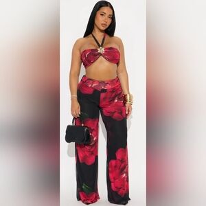 Floral Red and Black Women's Pants And Halter Top Set